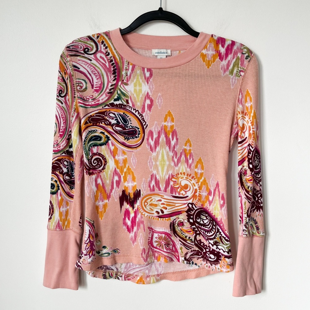 Sundance Pink Paisley Waffle Knit Thermal Top Velvet Wrist Womens Small Petite